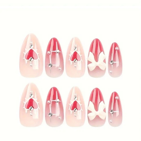 Valentine's Day Red Gradient Press-On Fake Nails with Heart, 3D Bow/Medium - Picture 3 of 11